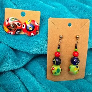 Vintage 2 Pair Millefiori Murano Glass Earrings 1 Stud 1 Dangle Pair